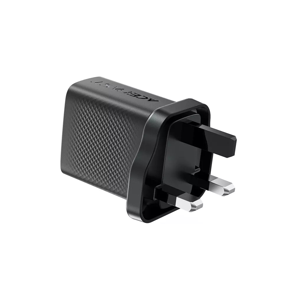 Black Acefast 30W UK plug with a USB-C and a USB-A port.