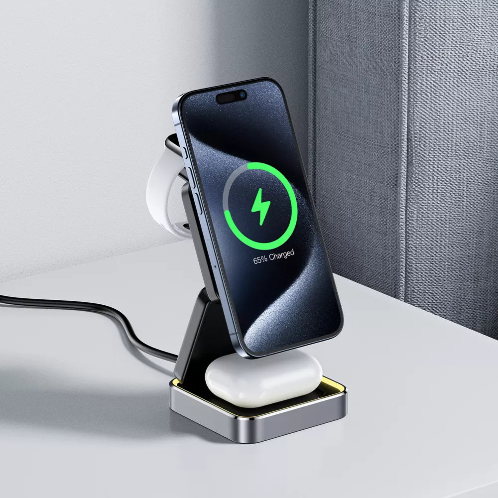 Black Acefast folding wireless charging pad with three charging areas.