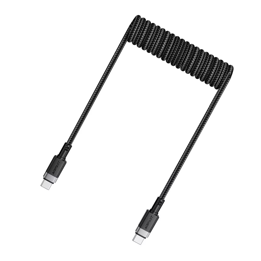 Black Acefast USB-C cable with a coiled spring anti-tangle section.