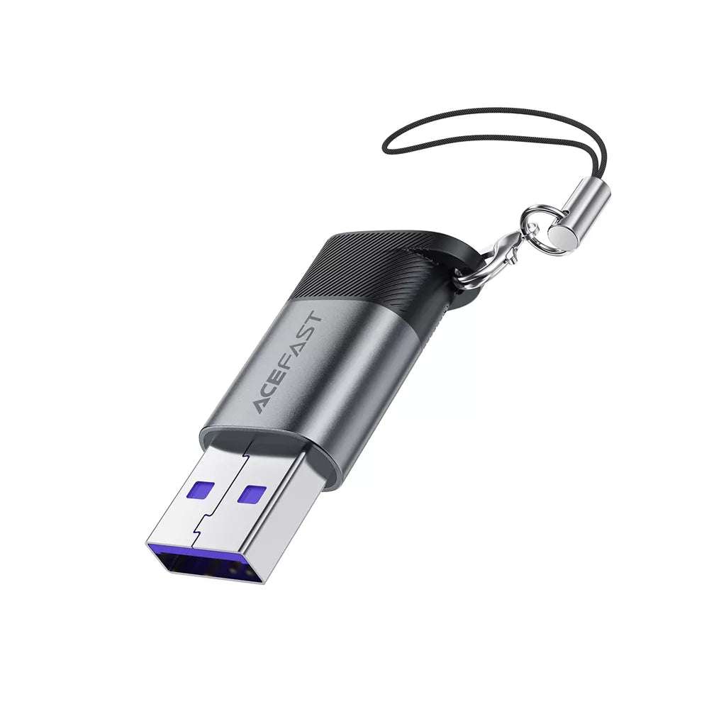 Small aluminium Acefast adapter with a USB-C plug and a USB-A socket.