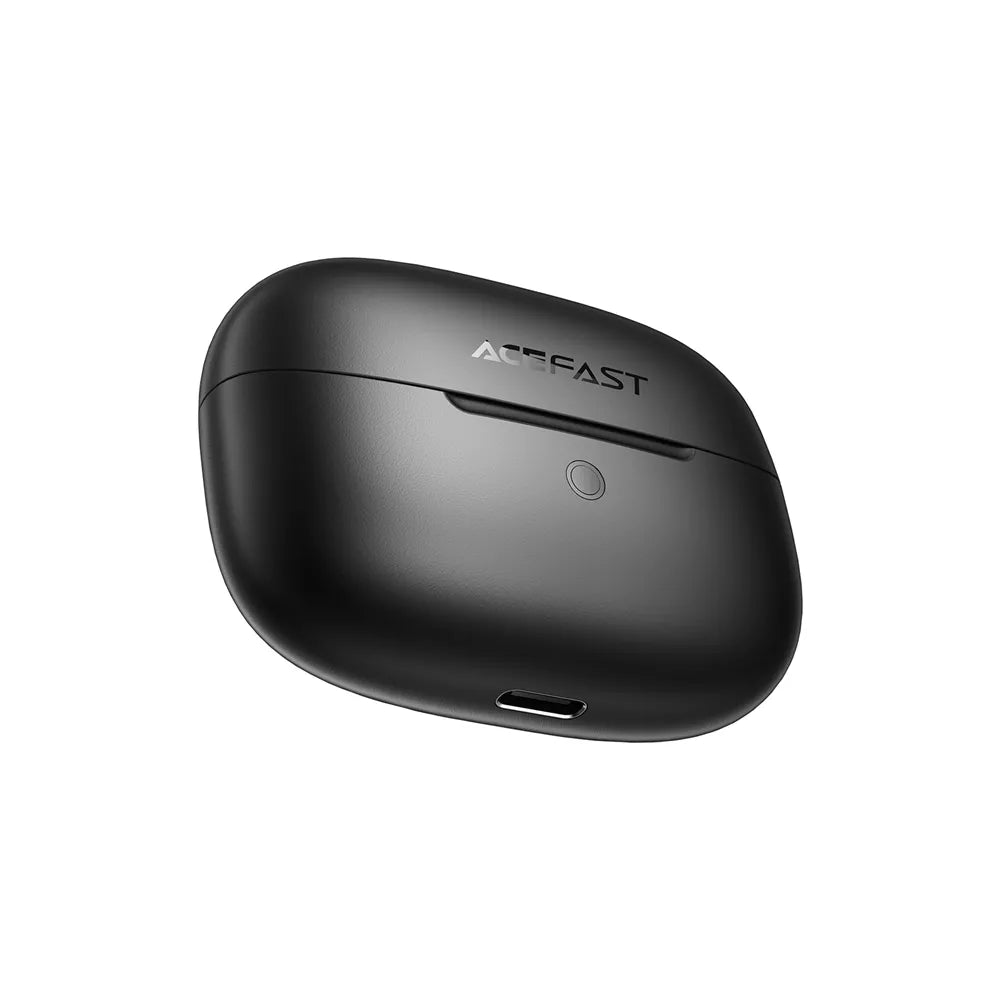 Black Acefast wireless earbuds sitting in their open charging case.