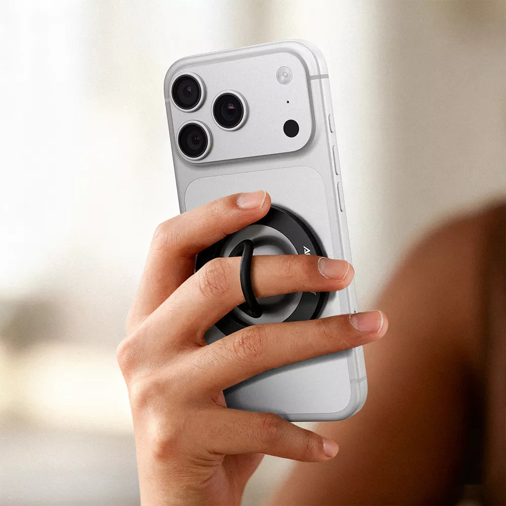 Black Acefast magnetic ring grip on the back of an iPhone.