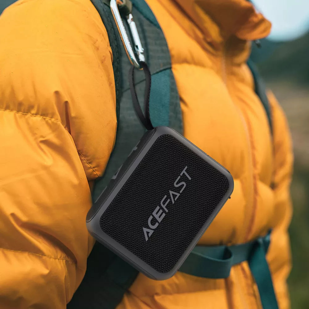 Black Acefast waterproof Bluetooth speaker with a mesh grille and wrist lanyard.