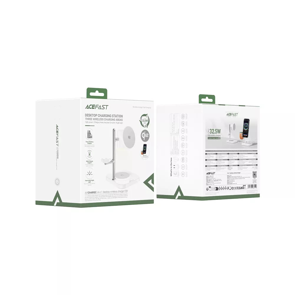 White Acefast Qi2 charging pad with an upright phone mount, earbuds area and watch pad.