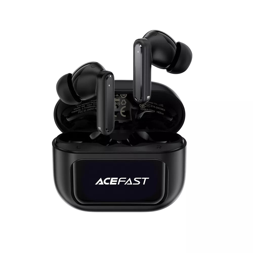 Black Acefast wireless earbuds with a charging case showing a colour display.