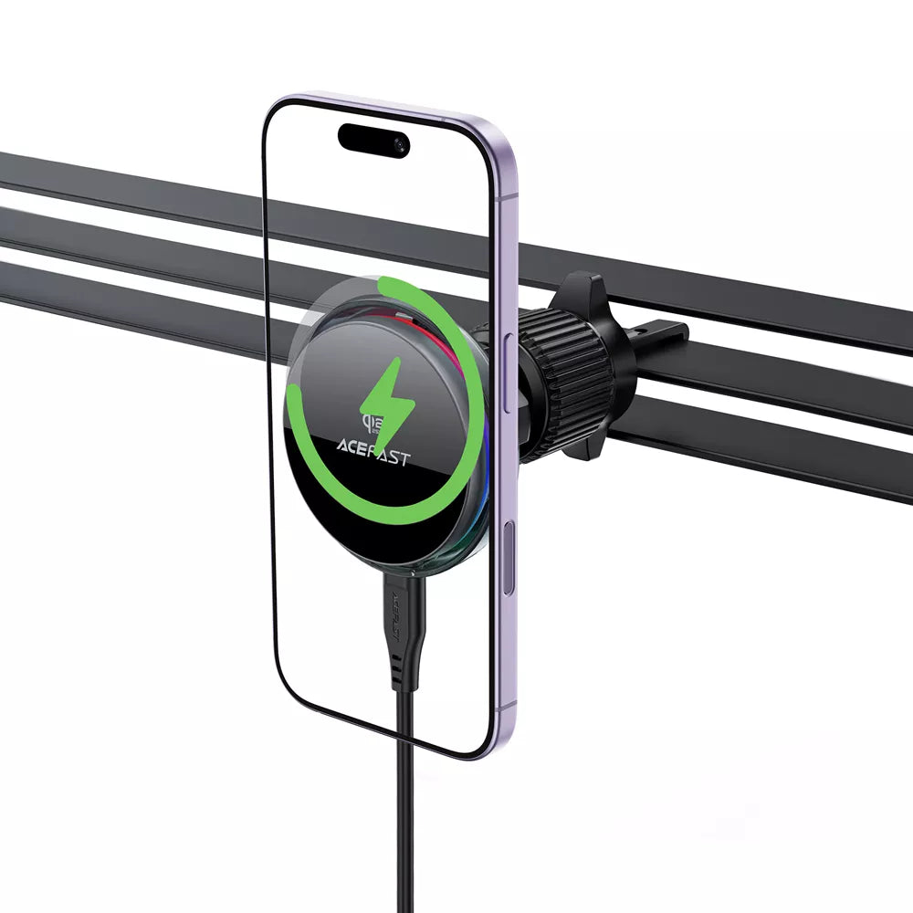 Black Acefast magnetic car vent charger holding a phone upright.