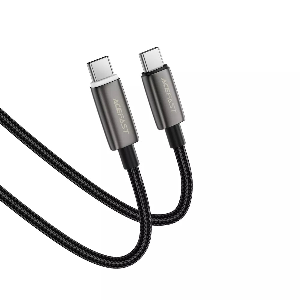 Black braided Acefast USB-C cable with a lit charging indicator.