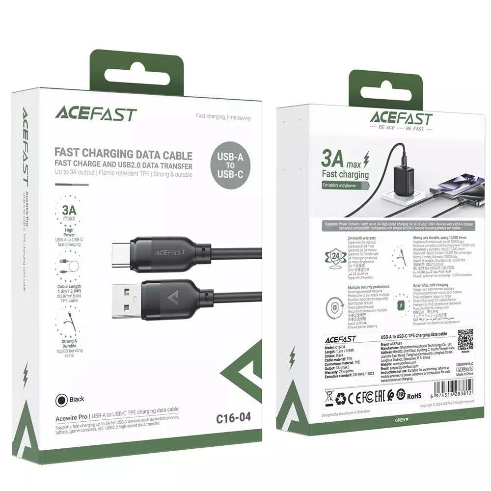 Black Acefast USB-A to USB-C charging cable with a smooth TPE finish.