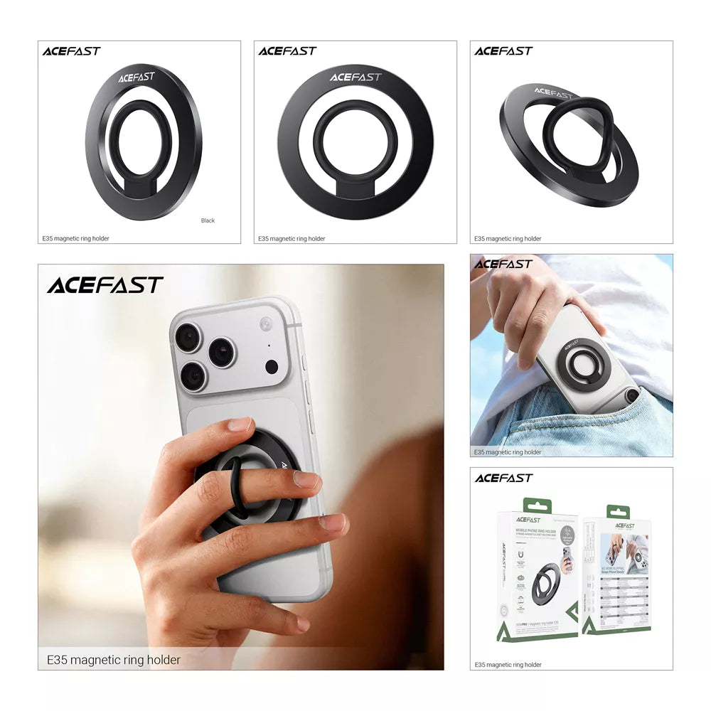 Black Acefast magnetic ring grip on the back of an iPhone.