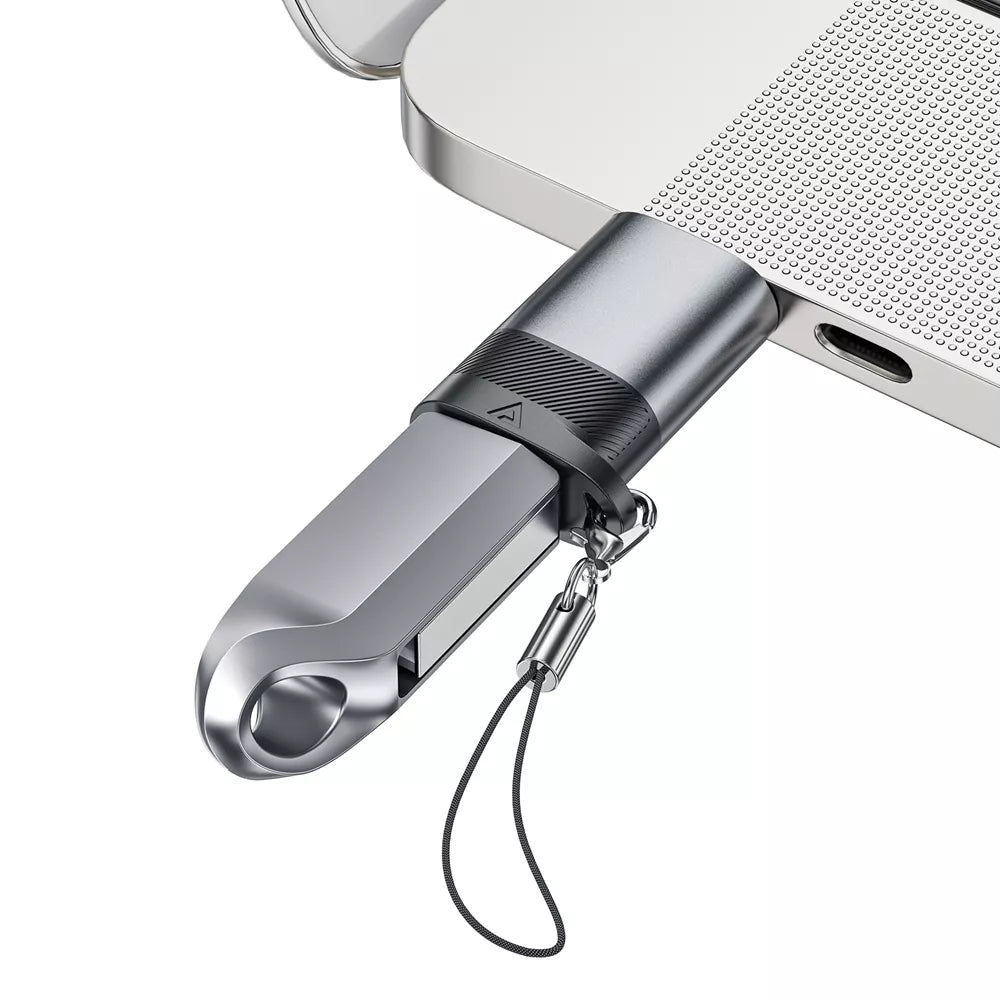 Small aluminium Acefast adapter with a USB-C plug and a USB-A socket.