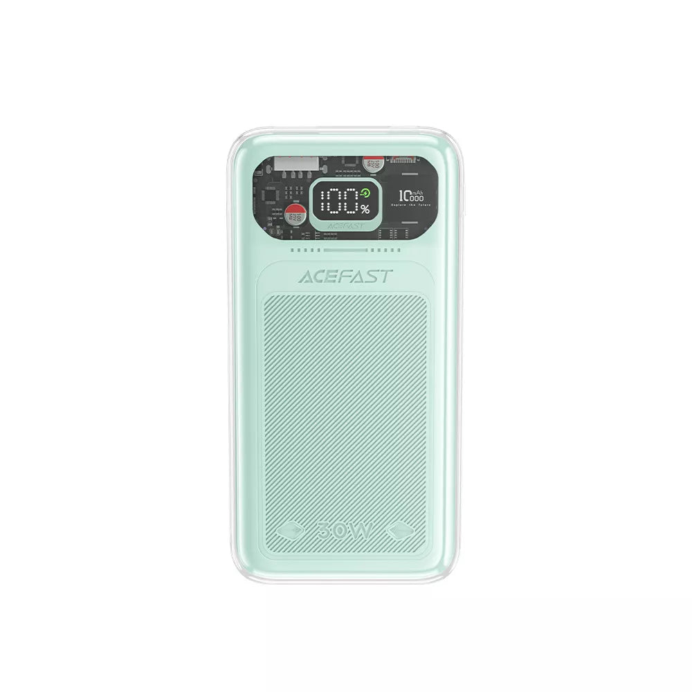 Acefast 30W power bank in Mountain Mist grey with LED digital display.
