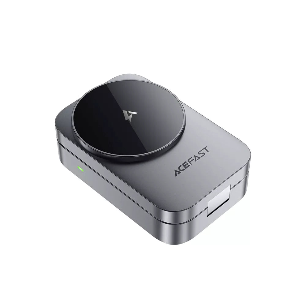 Grey Acefast folding charging station holding an iPhone, AirPods case and Apple Watch.