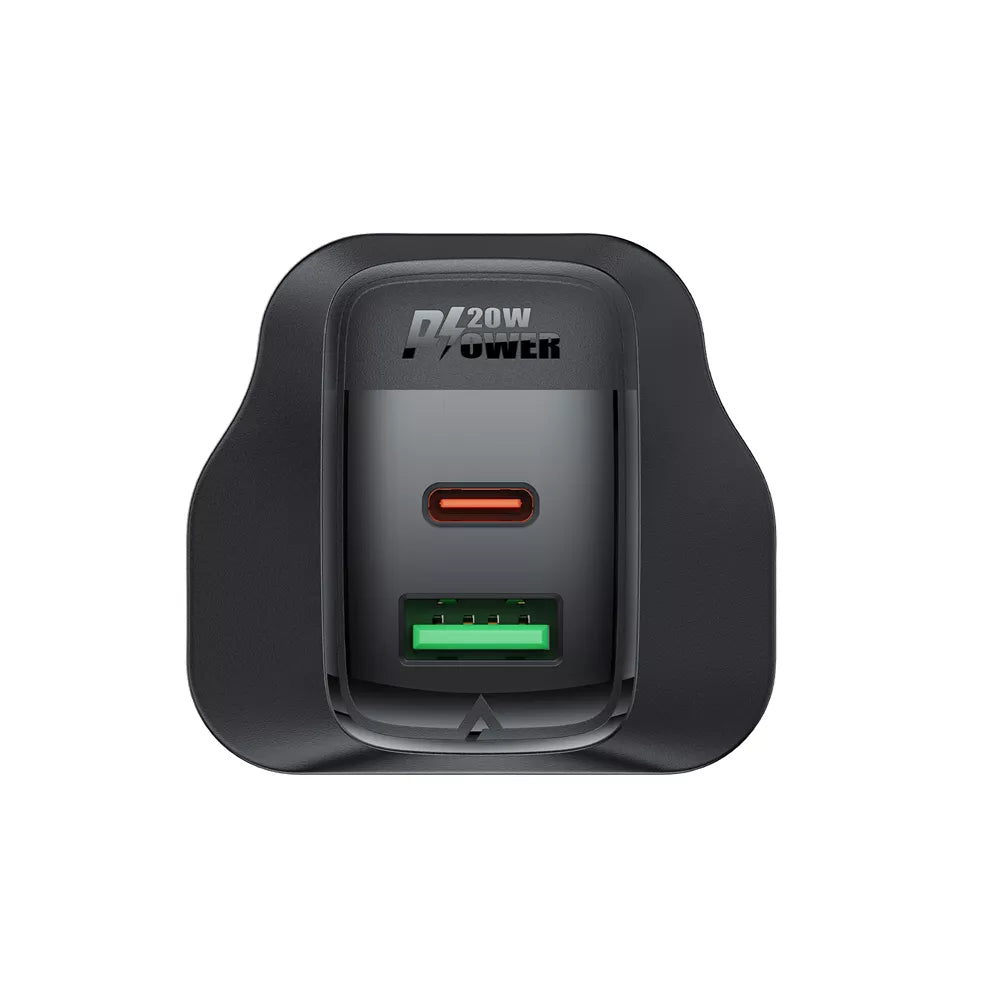 Black Acefast 20W UK plug with a USB-C and a USB-A port.