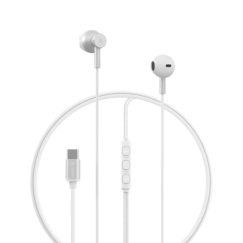 Silver Devia metal in-ear earphones with a USB-C plug and inline control.