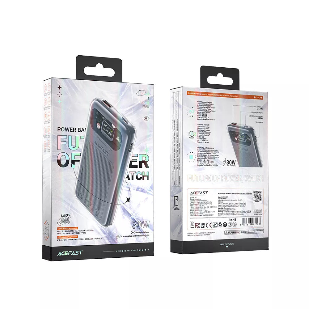 Acefast 30W power bank in Mica Grey with LED digital display.