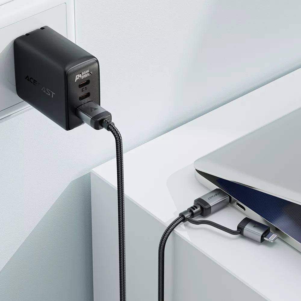 Acefast black braided 2 in 1 charging cable with USB-C and Lightning connectors.