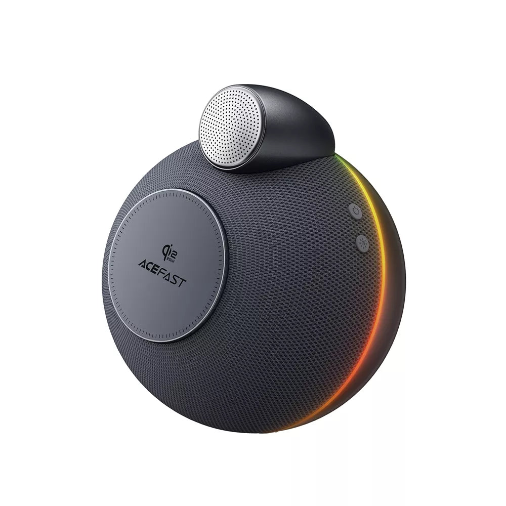 Grey Acefast bedside speaker with a magnetic MagSafe charging pad on the front.