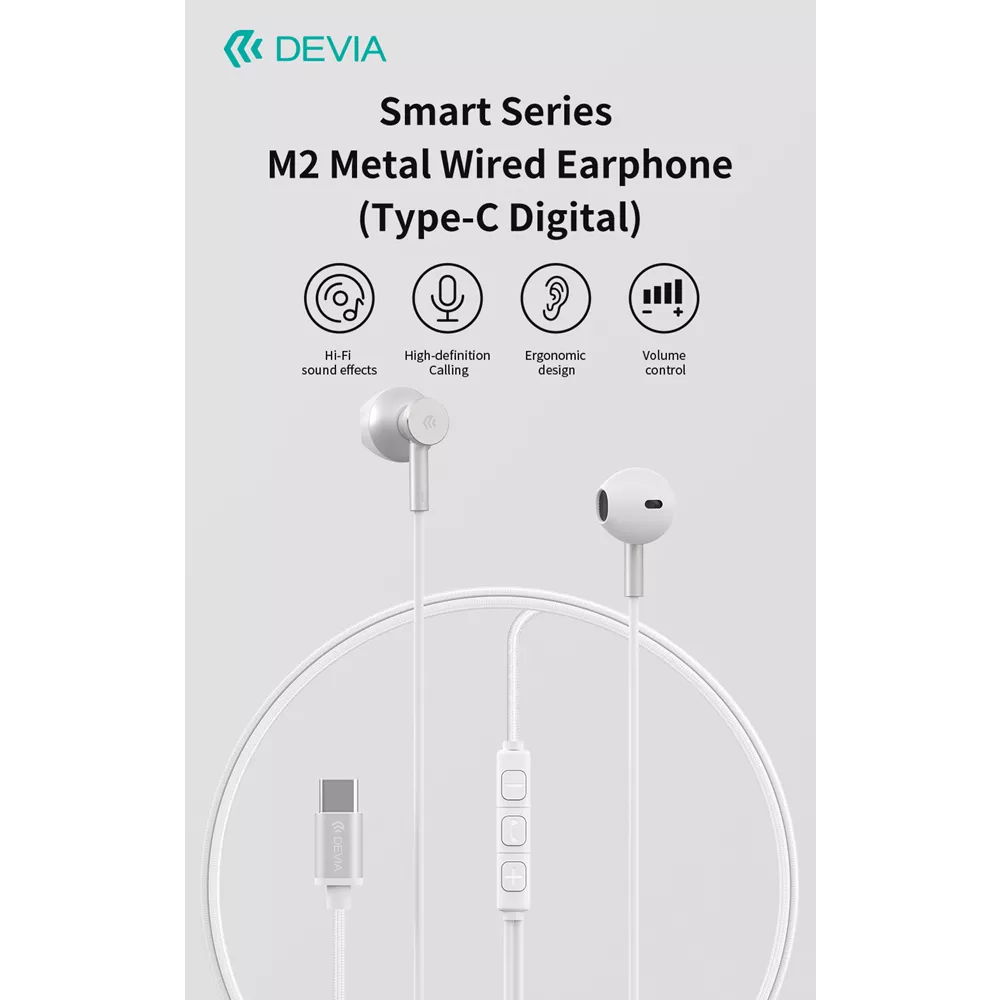Silver Devia metal in-ear earphones with a USB-C plug and inline control.