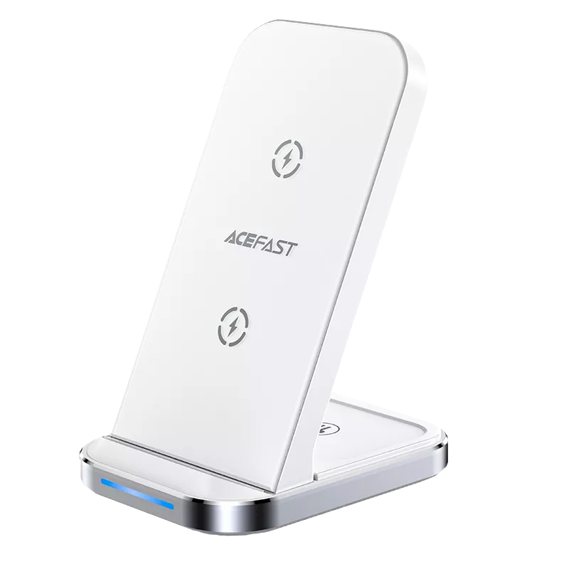 White Acefast upright 3 in 1 charging stand with a detachable watch pad.