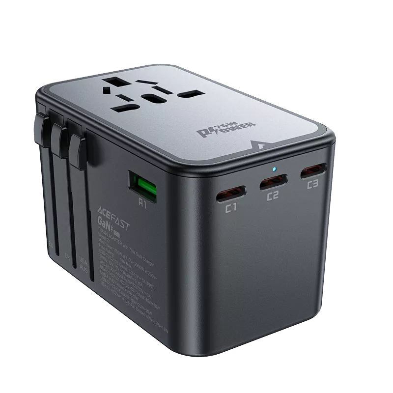 Black Acefast travel adapter with three USB-C ports and two USB-A ports.