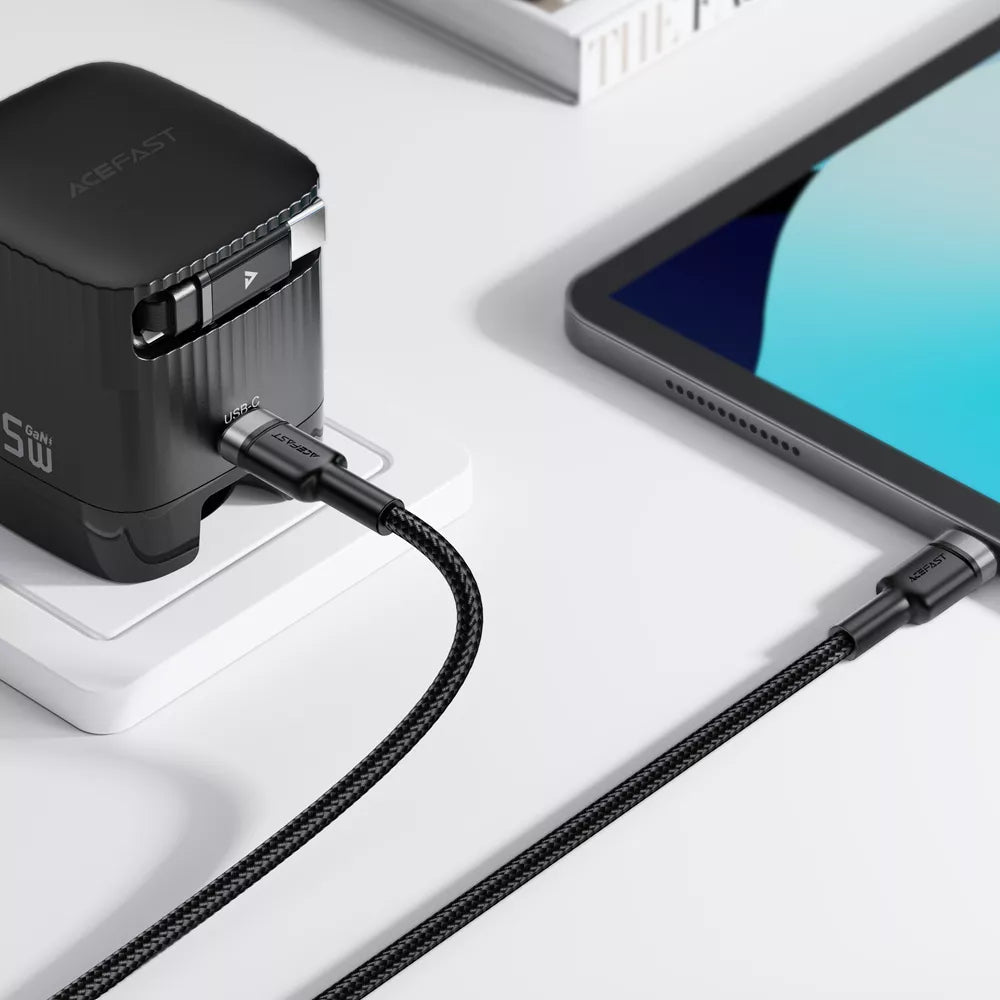 Black braided Acefast cable splitting from one USB-C plug into two USB-C ends.