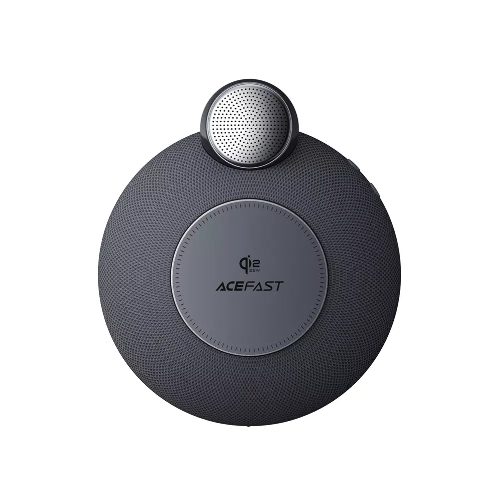 Grey Acefast bedside speaker with a magnetic MagSafe charging pad on the front.