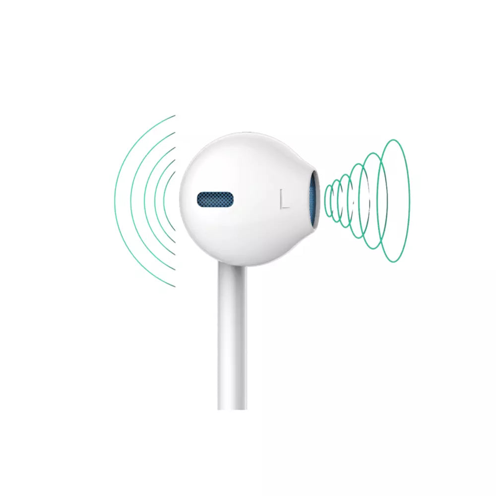 White Devia in-ear earphones with a Lightning connector and inline volume button.