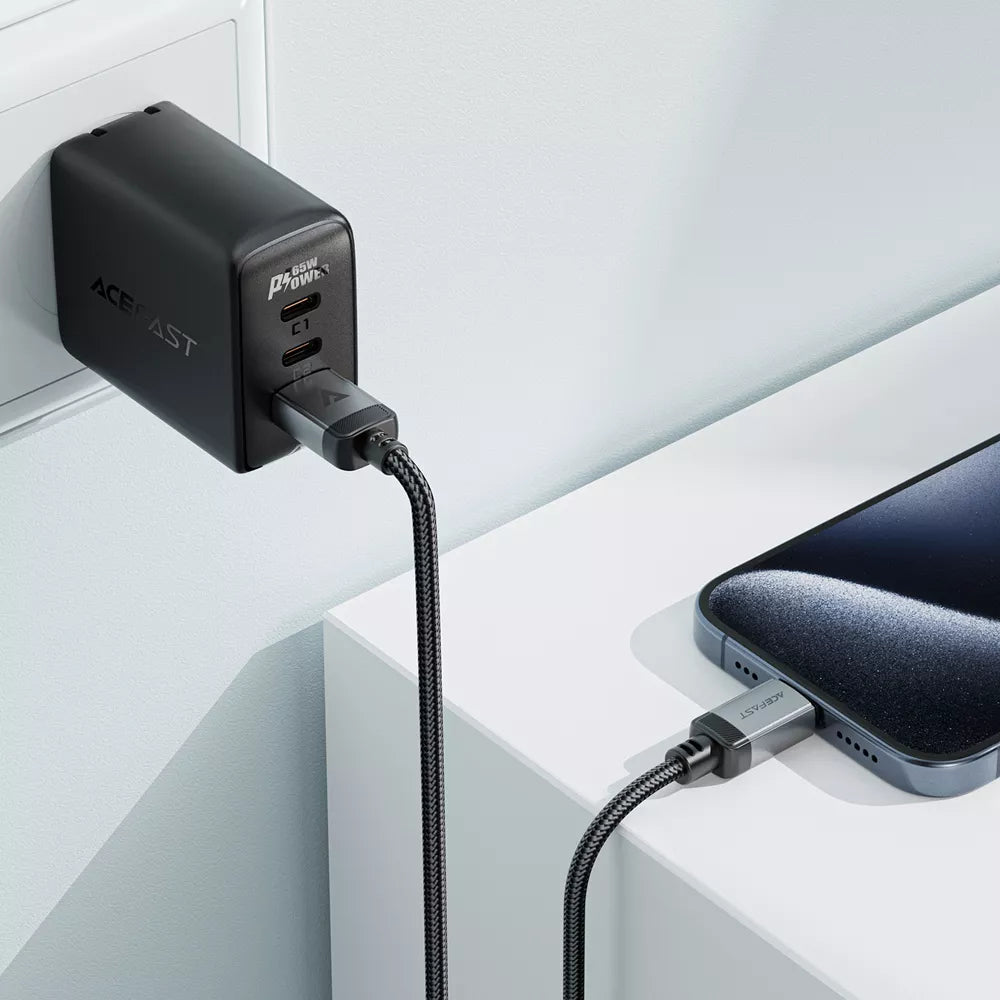 Black braided Acefast USB-A to USB-C cable ready to pack.