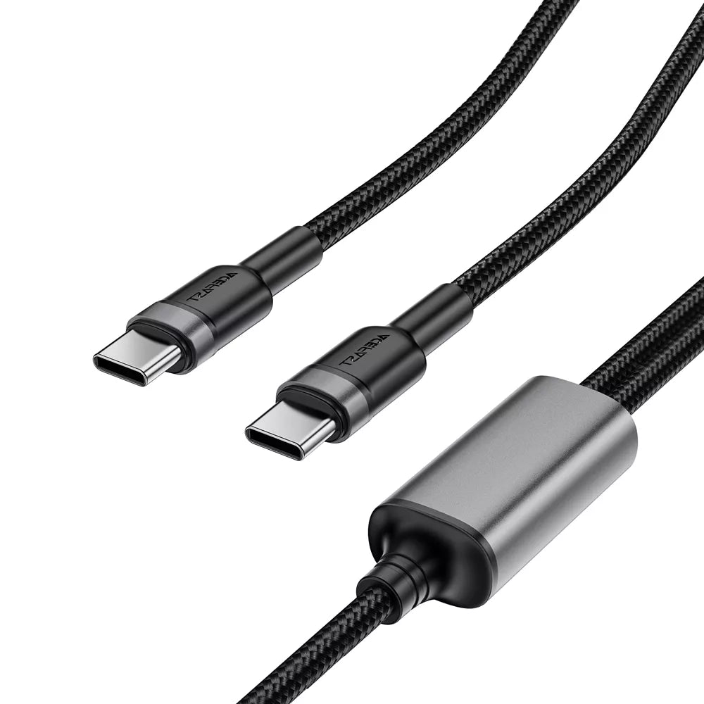 Black braided Acefast cable splitting from one USB-C plug into two USB-C ends.