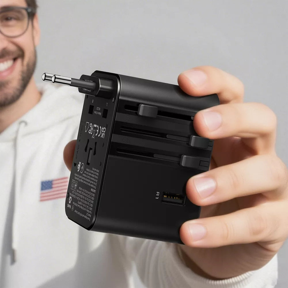 Black Acefast GaN travel adapter with five charging ports and a fold-out plug.