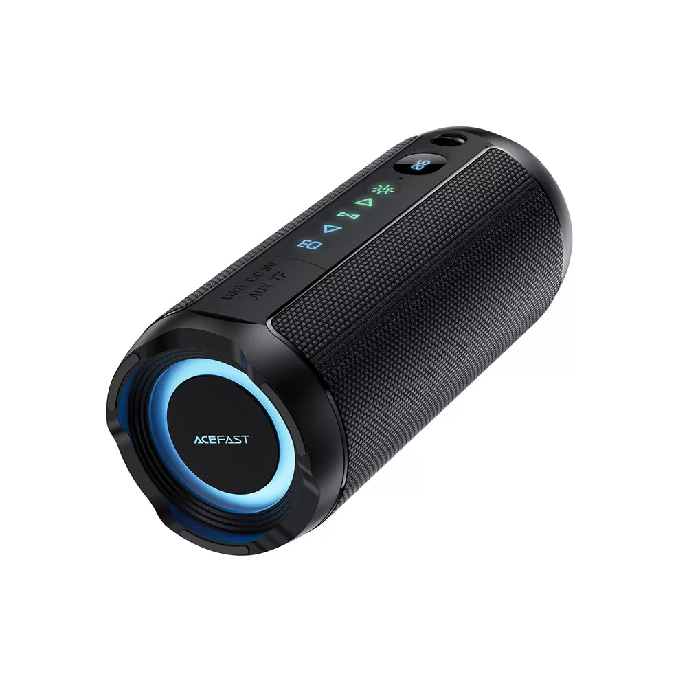 Black Acefast portable Bluetooth speaker with a front display and RGB lighting ring.