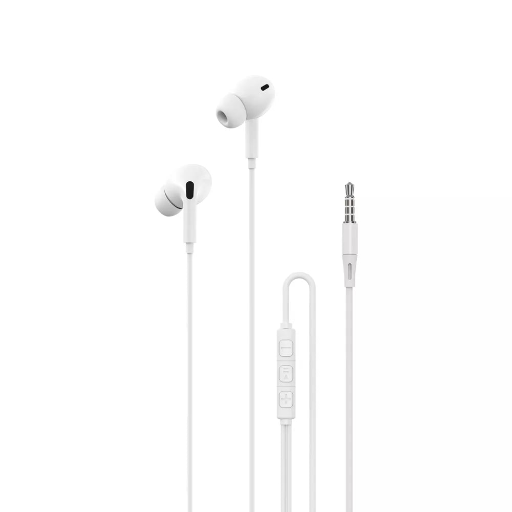 White Devia wired in-ear earphones with an inline microphone and volume button.