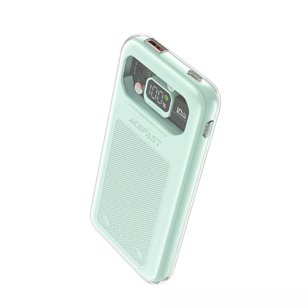 Acefast 30W power bank in Mountain Mist grey with LED digital display.