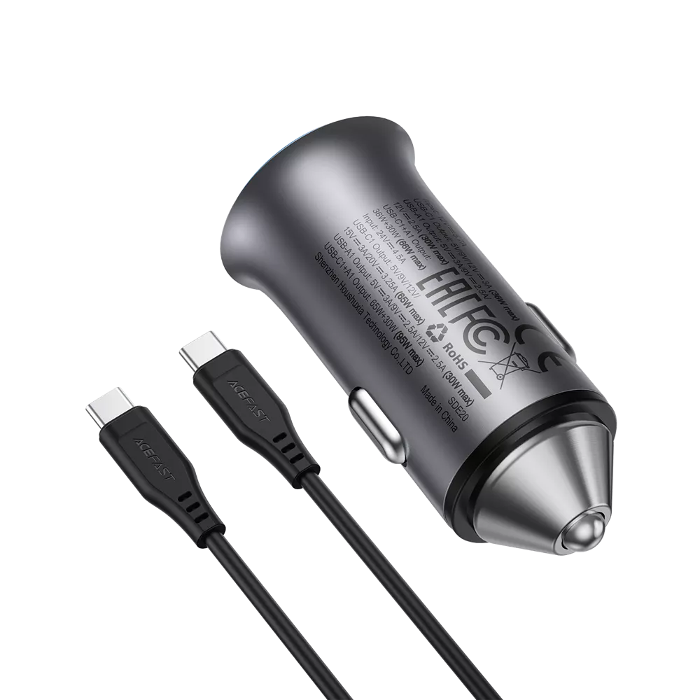 Black Acefast dual port car charger with a braided USB-C cable coiled beside it.