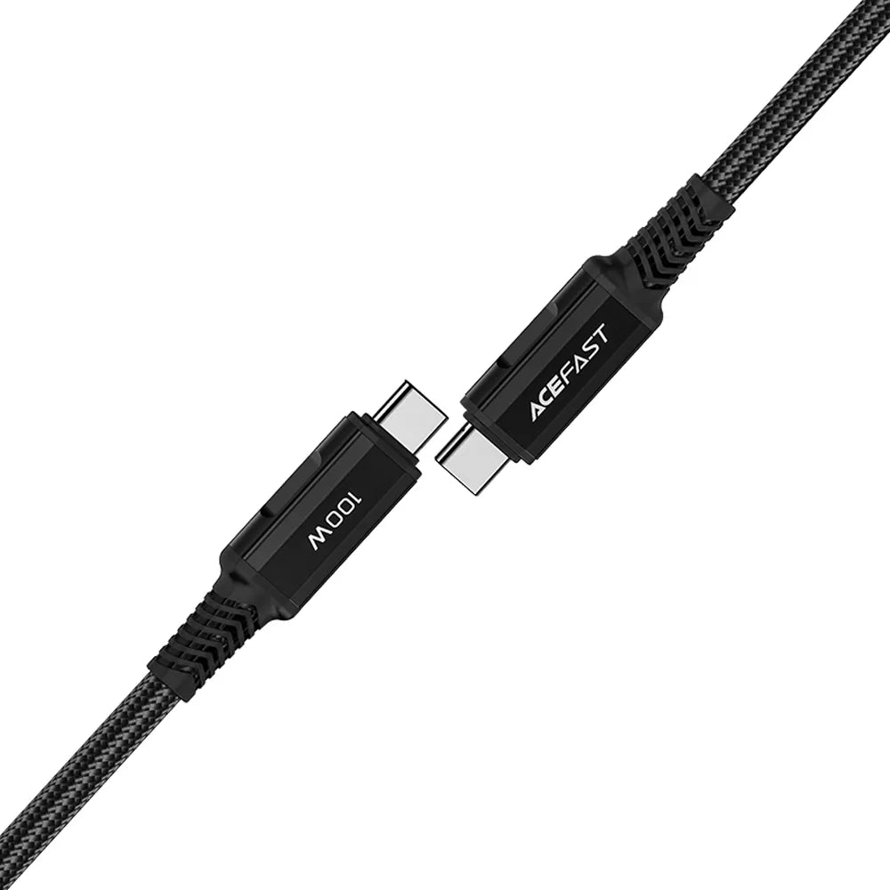 Two metre black braided Acefast USB-C cable coiled on a desk.