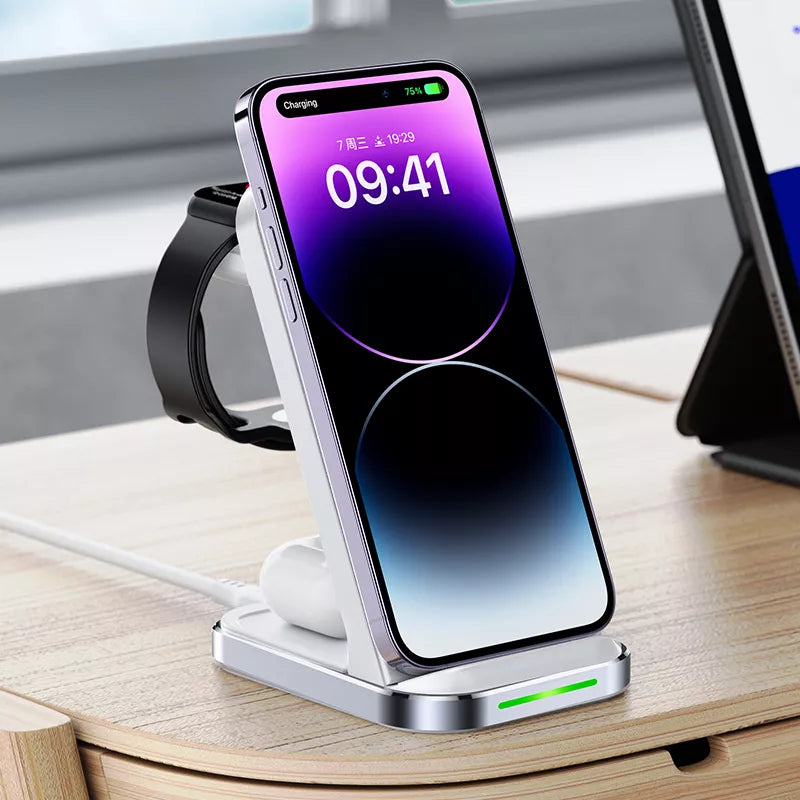 White Acefast upright 3 in 1 charging stand with a detachable watch pad.