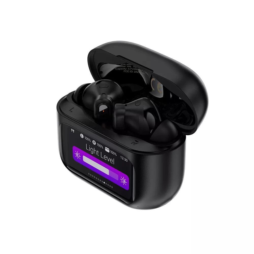 Black Acefast wireless earbuds with a charging case showing a colour display.