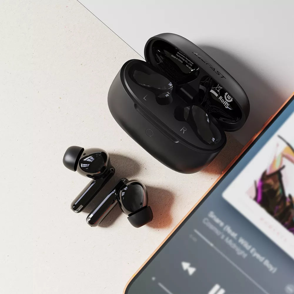 White Acefast wireless earbuds resting in their open charging case.