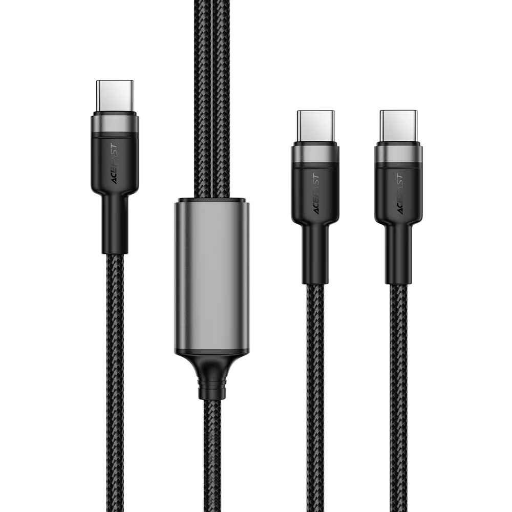 Black braided Acefast cable splitting from one USB-C plug into two USB-C ends.