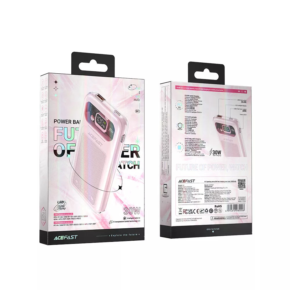 Acefast 30W power bank in Cherry Blossom pink with a digital charge readout.