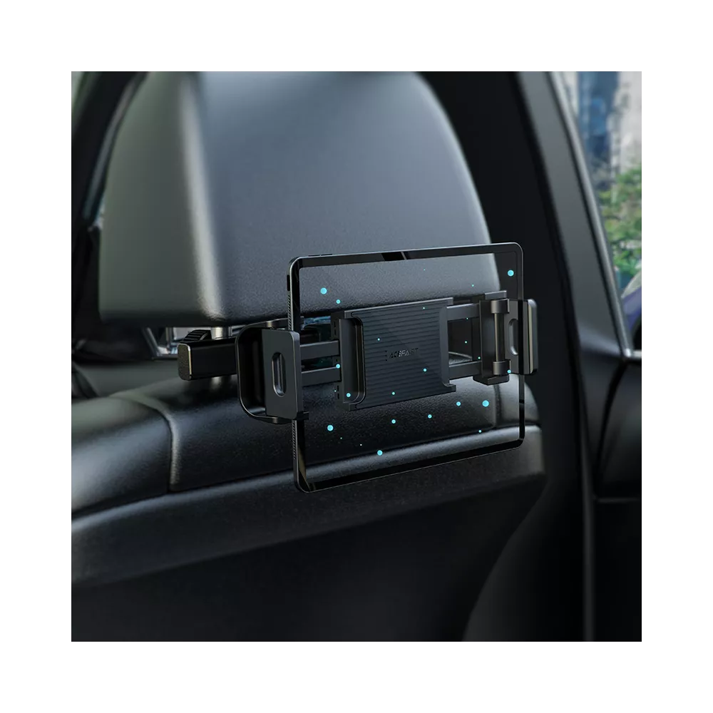 Black Acefast headrest mount holding a tablet on the back of a car seat.