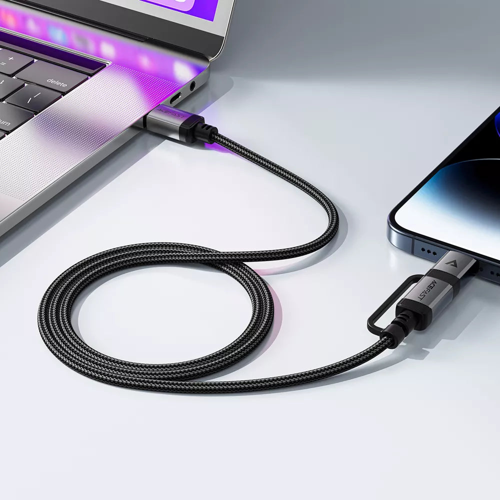 Acefast black braided 2 in 1 charging cable with USB-C and Lightning connectors.