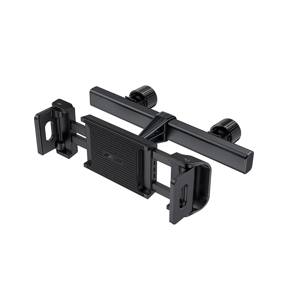 Black Acefast headrest mount holding a tablet on the back of a car seat.