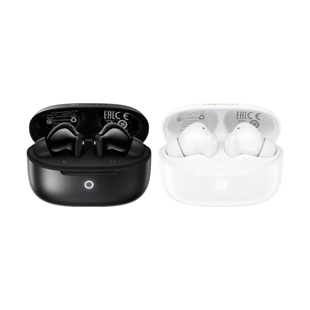 Black Acefast wireless earbuds sitting in their open charging case.