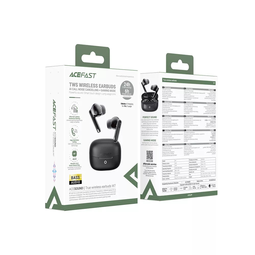 Black Acefast wireless earbuds sitting in their open charging case.