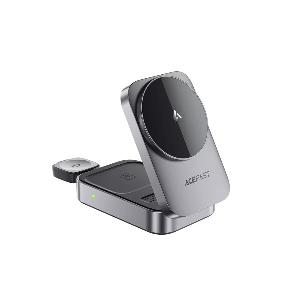 Grey Acefast folding charging station holding an iPhone, AirPods case and Apple Watch.