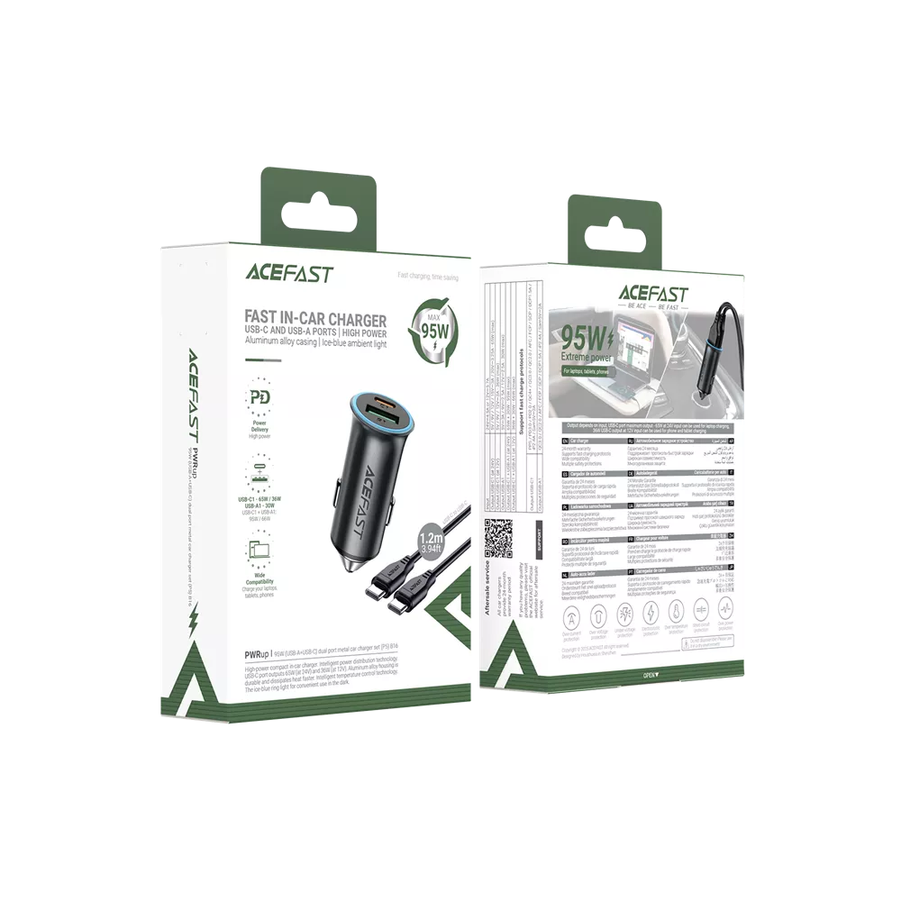 Black Acefast dual port car charger with a braided USB-C cable coiled beside it.