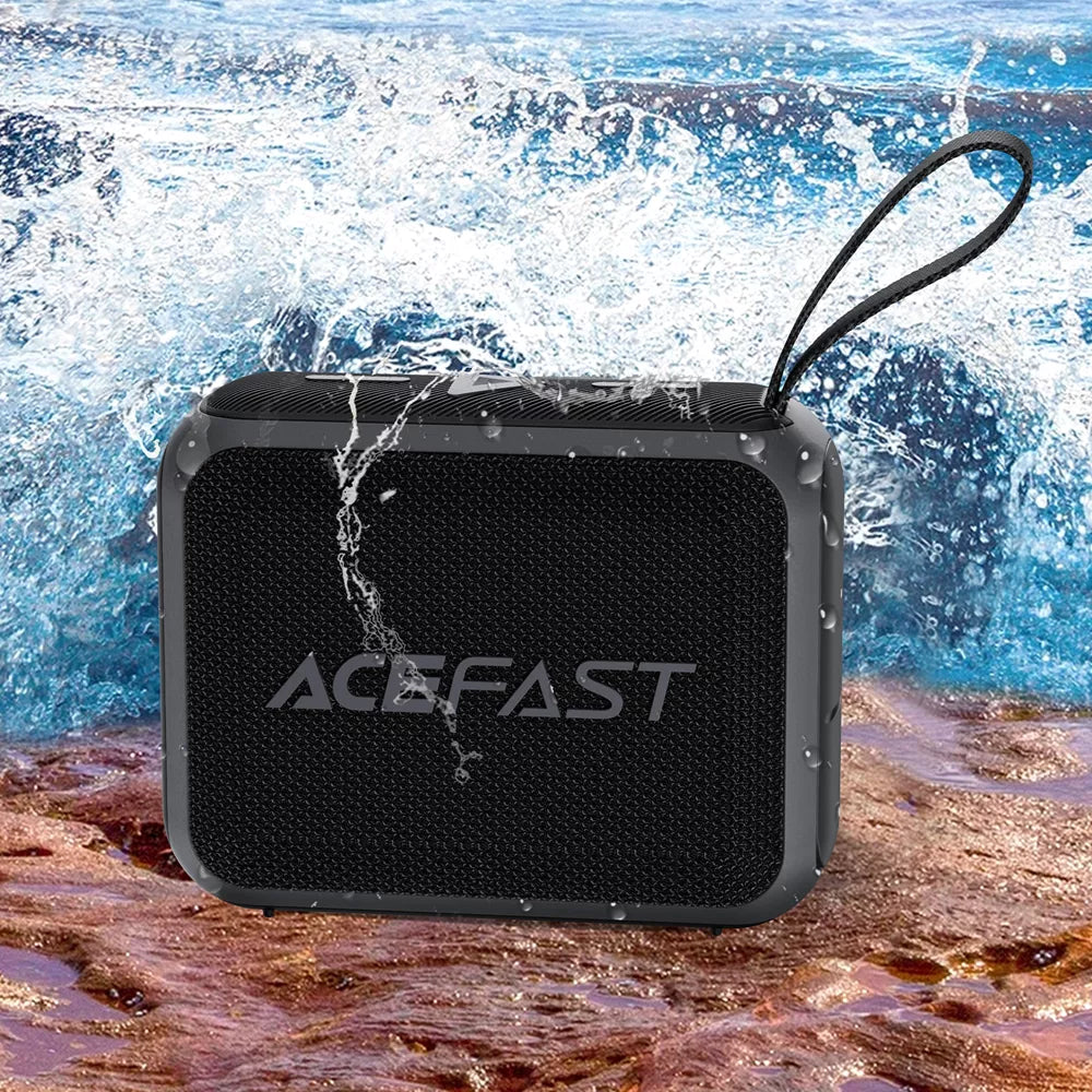 Black Acefast waterproof Bluetooth speaker with a mesh grille and wrist lanyard.