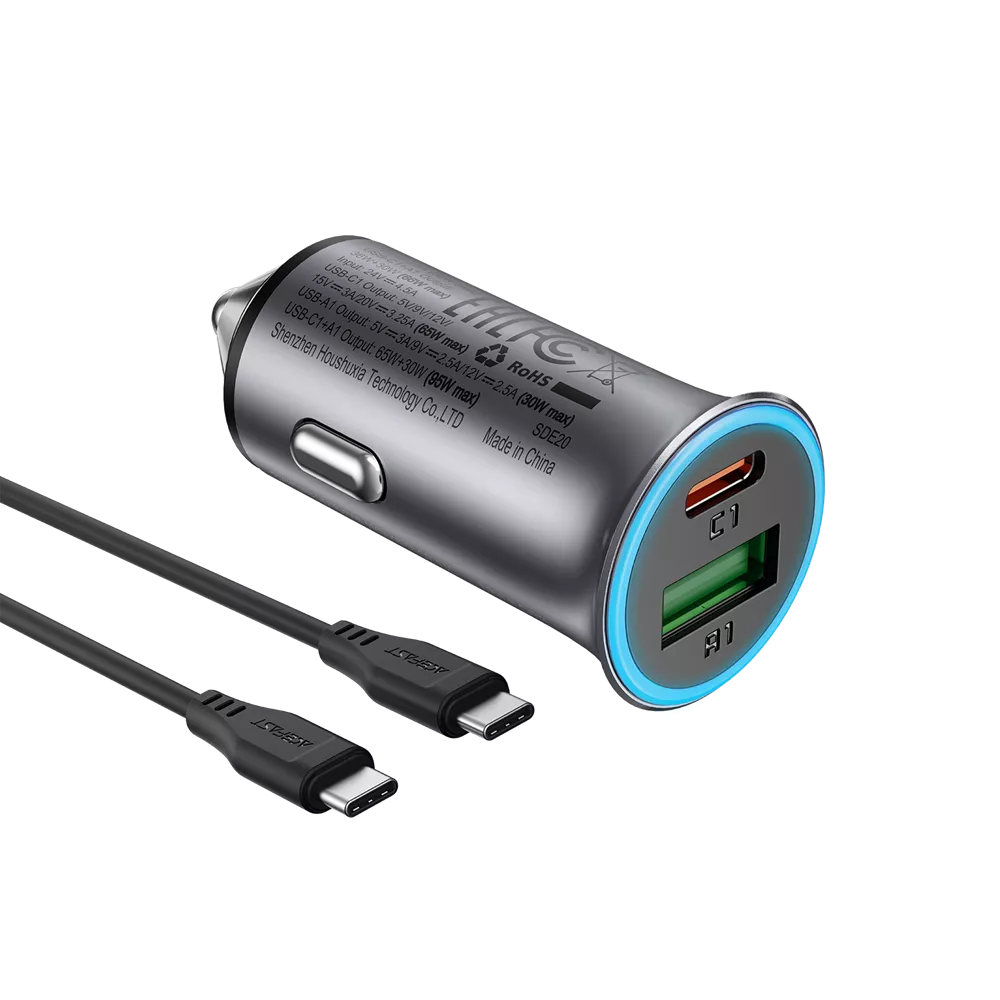 Black Acefast dual port car charger with a braided USB-C cable coiled beside it.