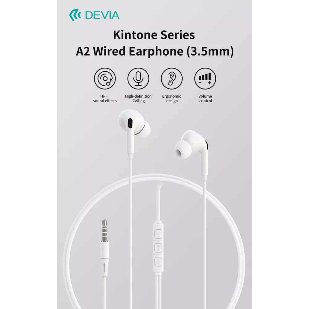 White Devia wired in-ear earphones with an inline microphone and volume button.